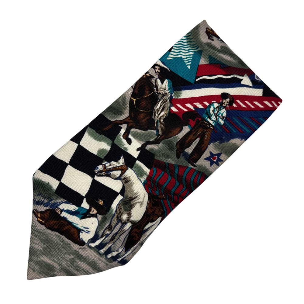 Benchmark Silk Tie Mens Cowboy Western Horse Novelty Print USA Rodeo Vintage 90s